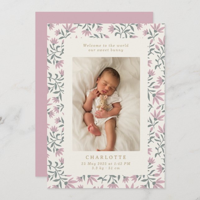 Flores rosa | cartão de anúncio de nascimento bebê (Frente/Verso)