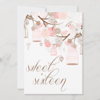 Flores rosa e aves Doce Dezesseis Convites