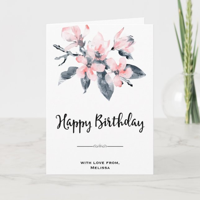 Flores Rosa e Cinza Classe Cartão de Aniversário A (Frente)