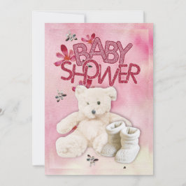 Flores Rosa e Teddybear Babyshower Convite