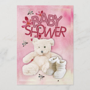 Flores Rosa e Teddybear Babyshower Convite