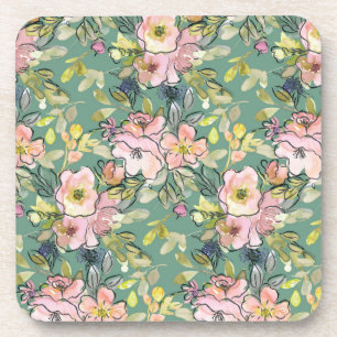 Flores Rosa na Porta copos Verde, Bebida Floral