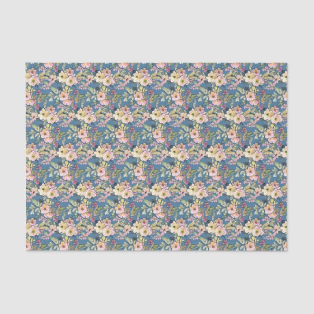 Flores rosa no papel tecidos azuis - Floral Elegan (Frente )