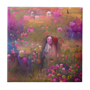 Flores rosa num campo verde arte digital 