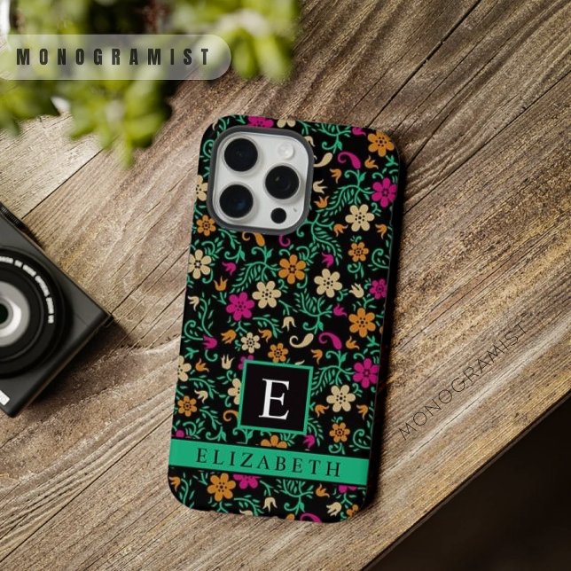 Flores Rosa Verde Floral Preto Personalizável (Customizable Black Floral Pink Green Flowers iPhone Case)