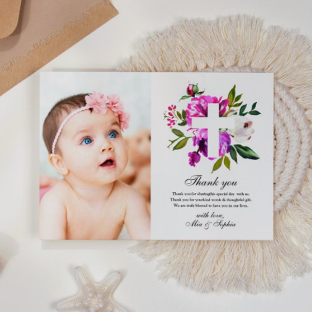 Flores Roxas Cartões de agradecimentos de Batismo  (Criador carregado)