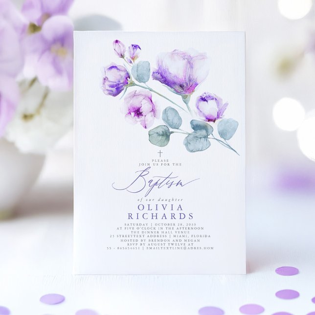 Flores Roxas Dusty Convite Batismo (Purple Baptism Invitation)