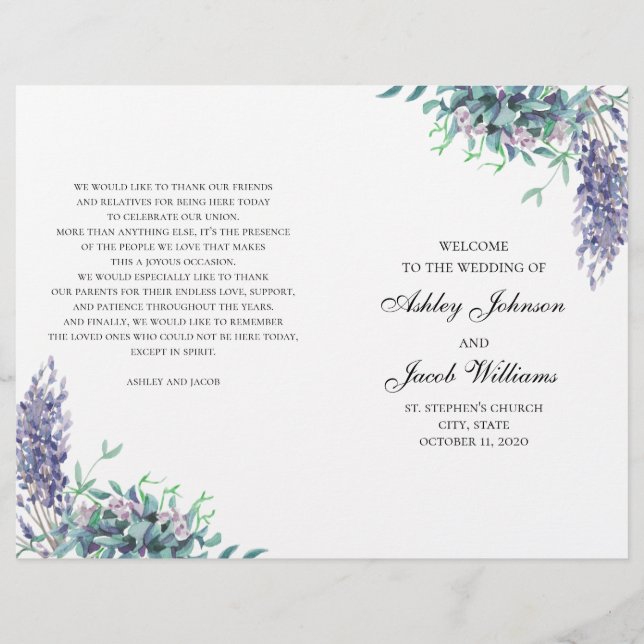 Flores roxas e azuis-celestes. Programa de casamen (Frente)