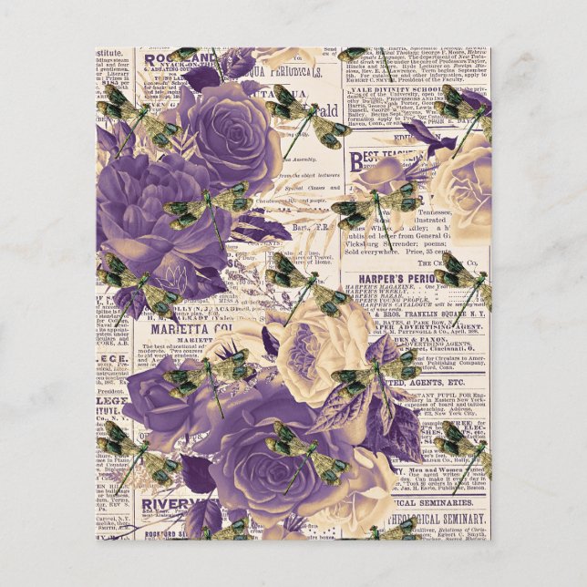 Flores roxas e libélulas em papel jornal (Frente)