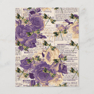 Flores roxas e libélulas em papel jornal