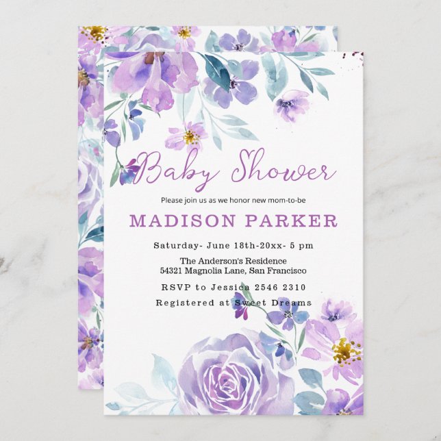 Flores roxas e rosa Convite para bebês (Frente/Verso)