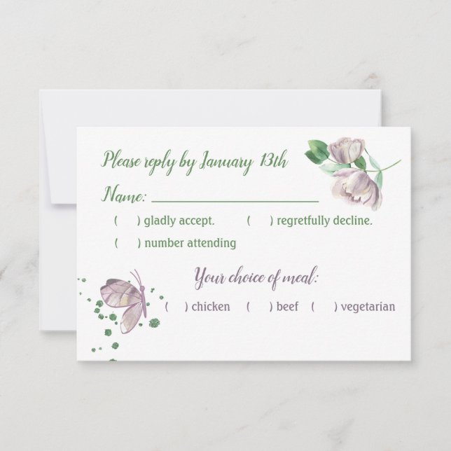 flores roxas folhas verdes borboletas cartão rsvp (Frente)