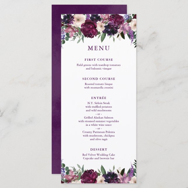 Flores Roxas | Menu Casamento Romântico (Frente/Verso)