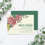 Flores Sangrentas Doce 16 Convite de Aniversário<br><div class="desc">Este convite às Flores do Blooming, 16, apresenta folhas verdes com flores roxas amarelas, azuis e avermelhadas e a palavra "16" numa tipografia de estilo vintage, a verde, contra um fundo amarelo claro. Este convite também inclui um lado verde consistente correspondente. Personalize este convite substituindo o texto do marcador de...</div>
