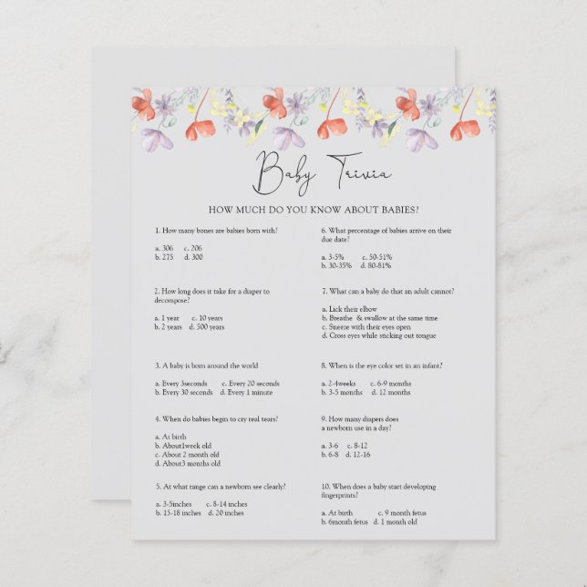 Flores Selvagens Baby Trivia | Jogo Chá de fraldas (Frente/Verso)