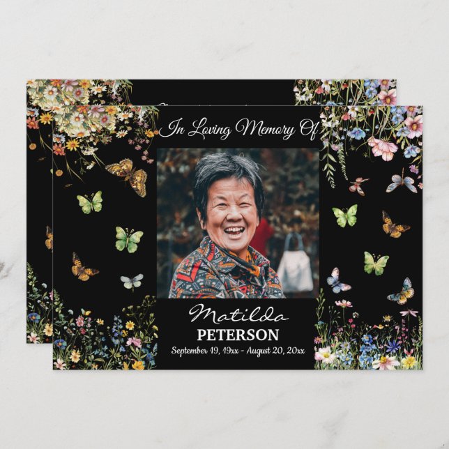 Flores Selvagens Borboletas 1 Foto Convite Funeral (Frente/Verso)