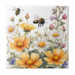 Flores Selvagens e Abelhas de Mel Aquarela