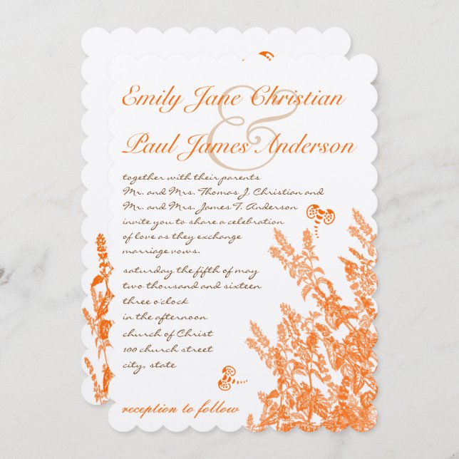 Flores Selvagens Laranja e Convites para Casamento (Frente/Verso)