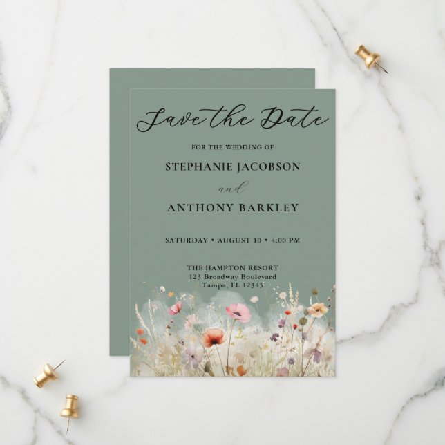 Flores Selvagens Verdes Salvem Cartão de Casamento (Frente/Verso In Situ)