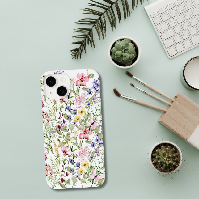 Flores Silvestres Rosa Roxo Amarelo Folhagem (Watercolor Wildflowers iPhone and Samsung Phone case., iPhone 15 14 13 12 11 case.)
