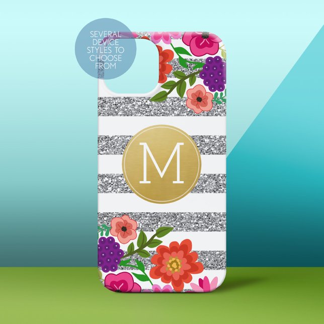Flores, Stripes, Monograma Dourado (Personalized Phone Case)