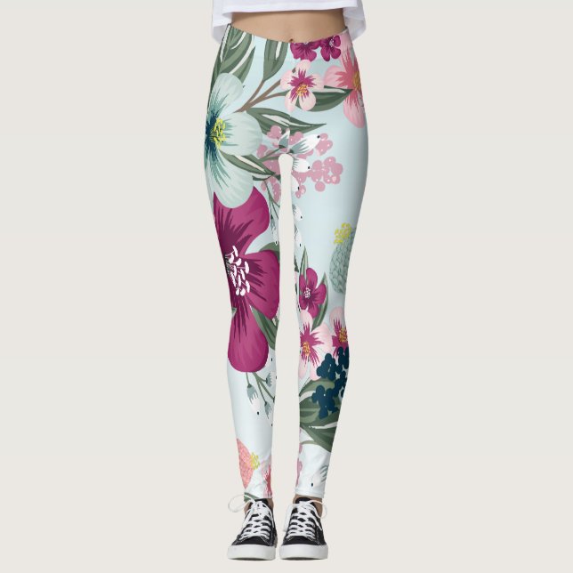 Flores tropicais de leggings femininas sobre madei (Frente)