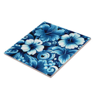 Flores tropicais havaianas Hibiscus Padrão Azul