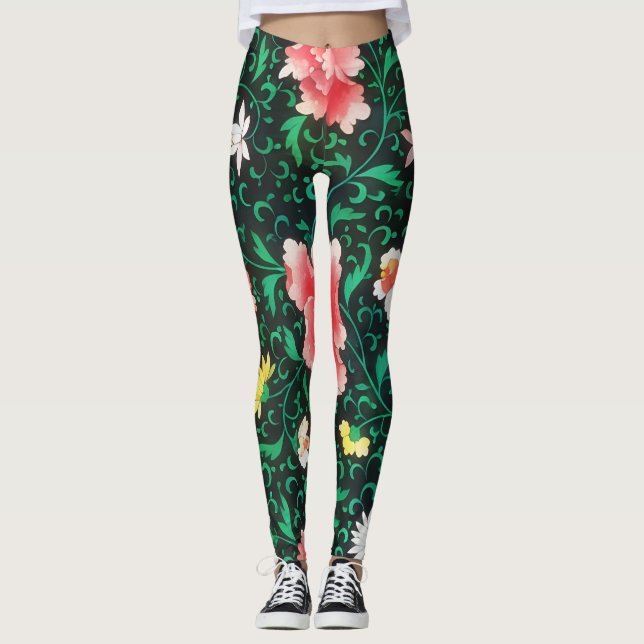 Flores Verdes Estilos de Vintagem Leggings (Frente)