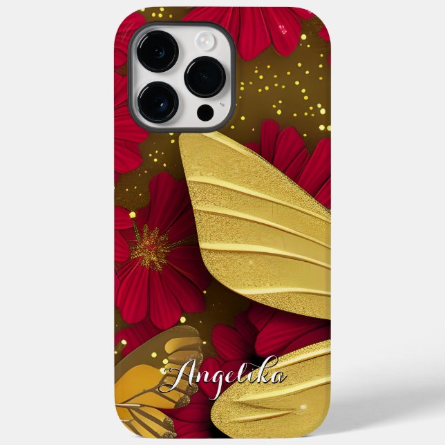 Flores Vermelhas Brilho Dourado Nome Personalizado (Verso)