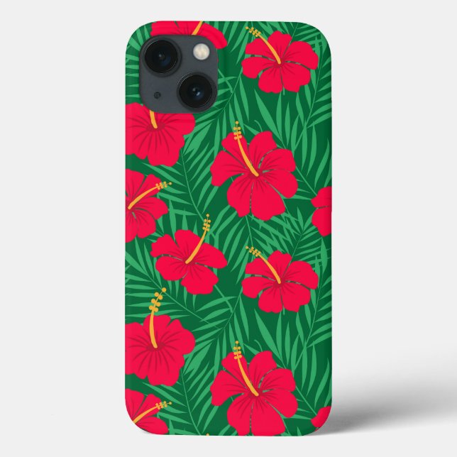 Flores Vermelhas de Hibisco em Folhas Tropicais Ve (Verso)