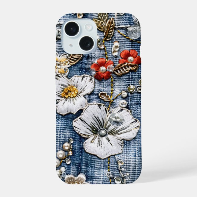 Flores Vermelhas e Brancas Bordadas em Denim (Verso)