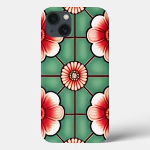 Flores Vermelhas e Brancas em Azulejos Verdes