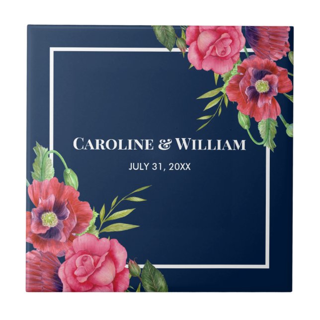 Flores Vermelhas e Cor-de-Água Marinho Escuro Azul (Frente)