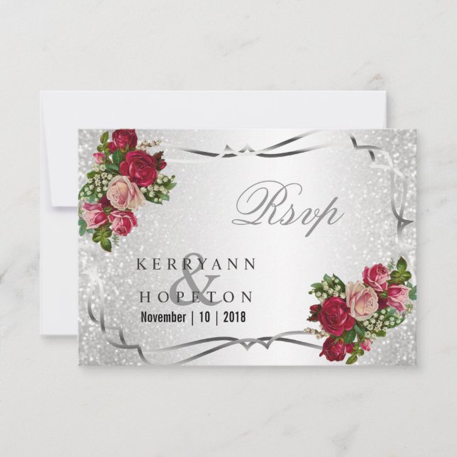 Flores Vermelhas e Rosas e Brilho de Prata - RSVP (Frente)
