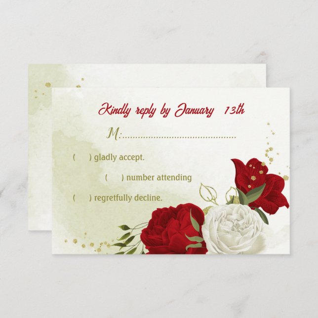 flores vermelhas folhas verdes cartão RSVP (Frente/Verso)