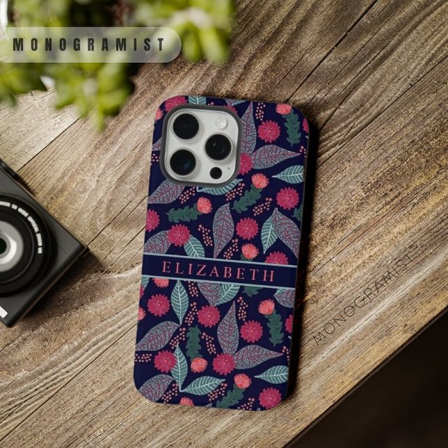 Flores Vermelhos Vermelhos Verdes, Azuis, Personal (Customizable Dark Blue Green Floral Pink Flowers iPhone Case)