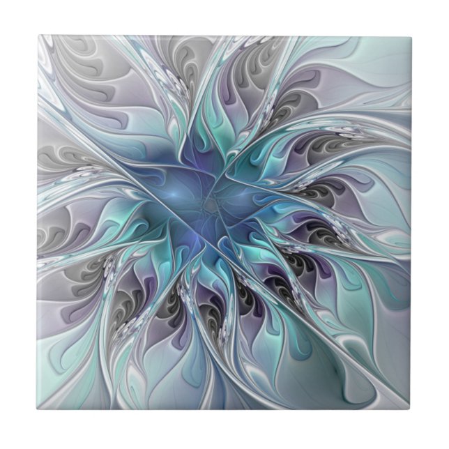 Florescer Abstrato Moderno Fractal Flor Com Azul (Frente)
