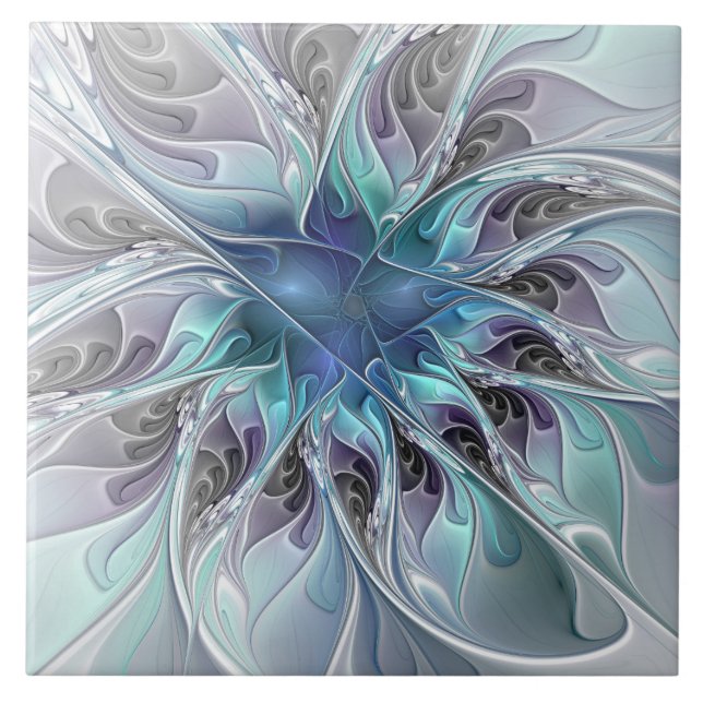 Florescer Abstrato Moderno Fractal Flor Com Azul (Frente)