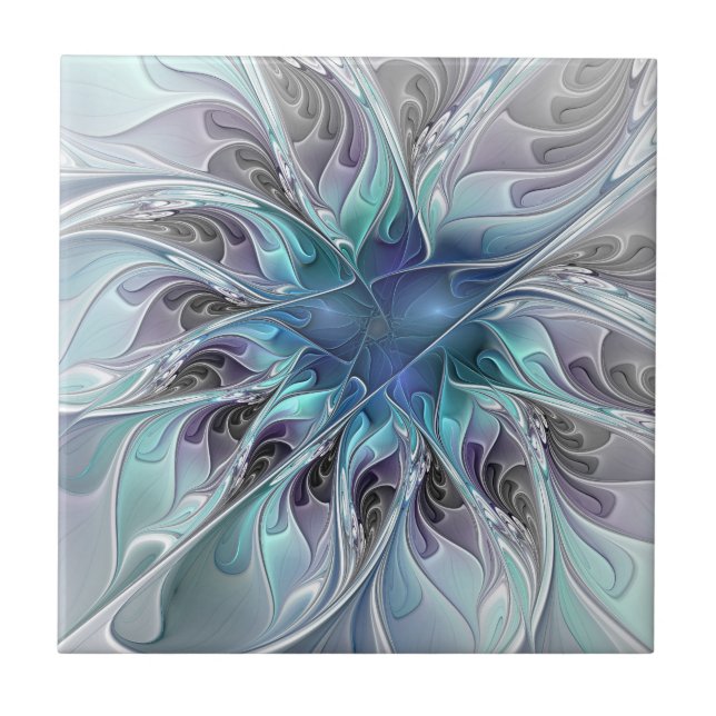 Florescer Abstrato Moderno Fractal Flor Com Azul (Frente)