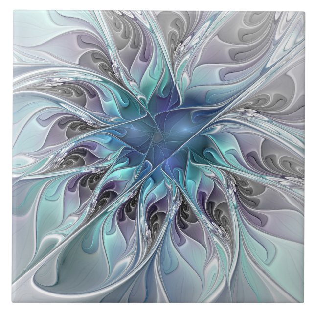 Florescer Abstrato Moderno Fractal Flor Com Azul (Frente)