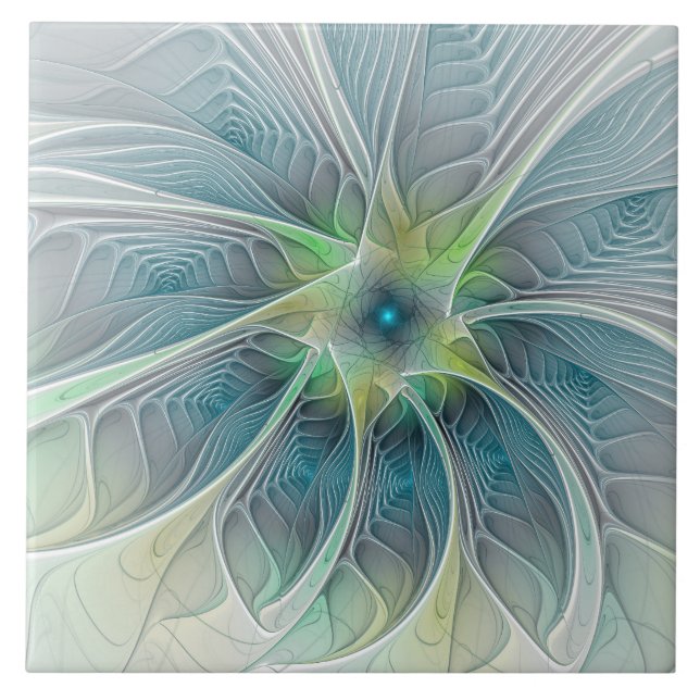 Florescer Fantasia Moderno Azul Verde Floral Fract (Frente)