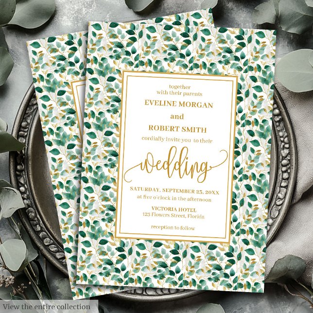 Floresta branca, Convite de casamento de Folhas Do (Whimsical Forest Green Gold Leaves Wedding Invitation)