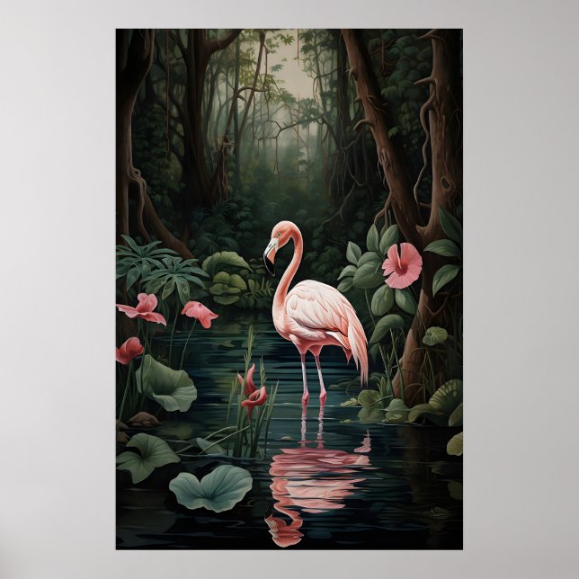 Floresta de Flamingo Rosa Impressão do Rio, Tropic (Frente)
