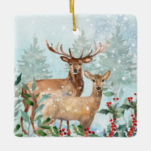 Floresta de inverno, veado, chaleira, ornamento ce