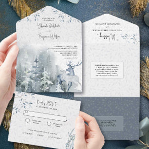 Floresta de Neve de Inverno e Casamento de Aquarel