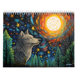 floresta de vidro colorido lobo com calendário lun