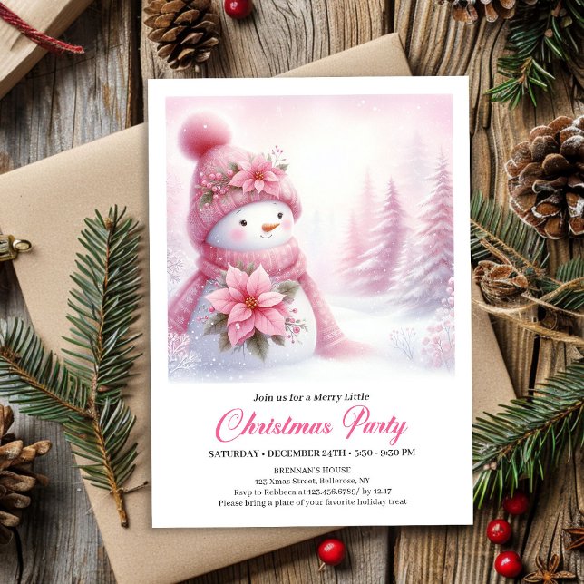 Floresta Nevada Encantadora Convite de Boneco de N (Delightful Snowy Forest Pink Snowman Kids Invite Digital)