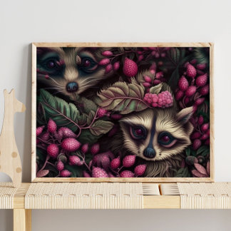 Floresta Raccoon - Berries Rosa | Impressão de Mur