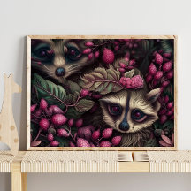 Floresta Raccoon - Berries Rosa | Impressão de Mur