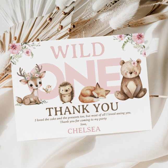 Floresta Rosa Selvagem Um Cartões de agradecimento (Pink Woodland Wild One Thank You Birthday Card, Wildflowers Woodland Wild One Thank You Card)